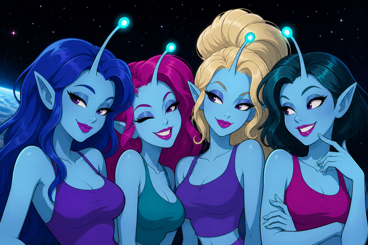 Four blue-skinned alien women with glowing forehead antennae against a star field