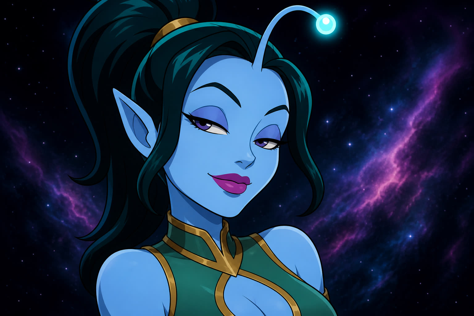 Kade, a blue-skinned alien with teal-black hair and a teasing look