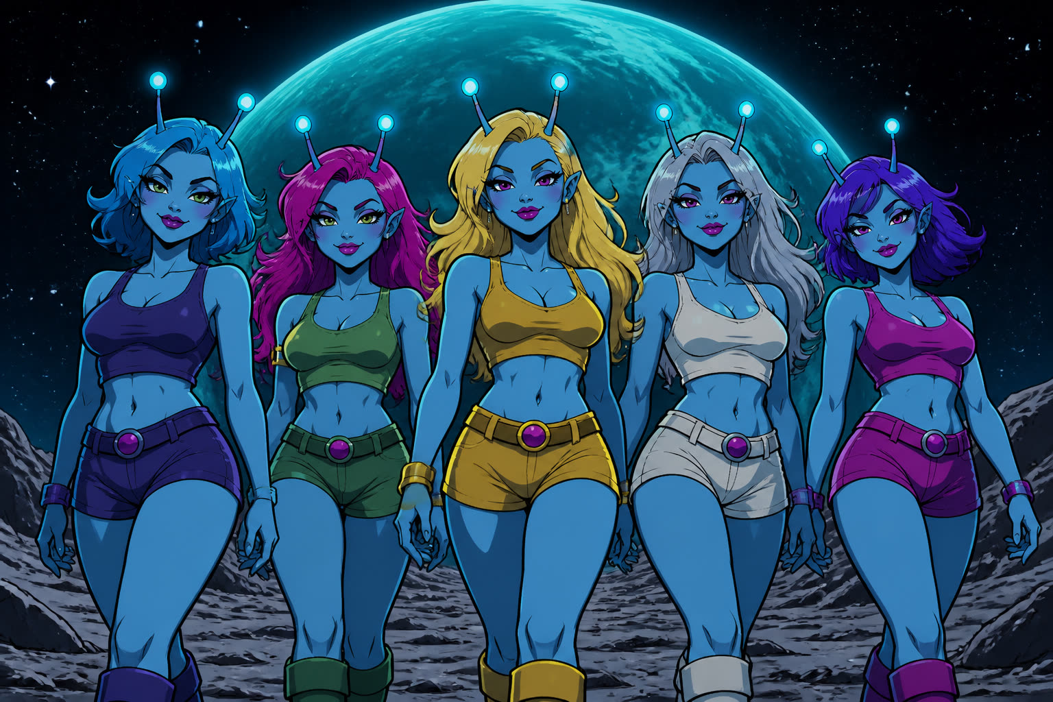 Five blue-skinned alien women walking toward the camera on a lunar ridge with a giant cyan planet rising behind them