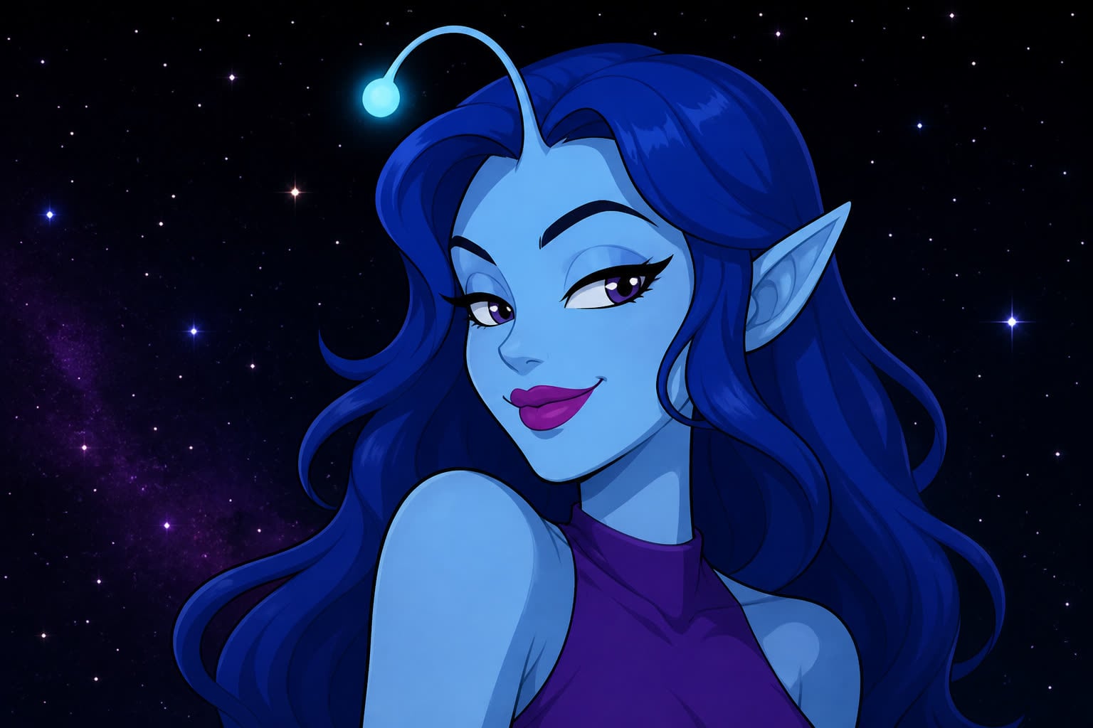 Nyx, a blue-skinned alien with royal blue hair and a glowing forehead antenna