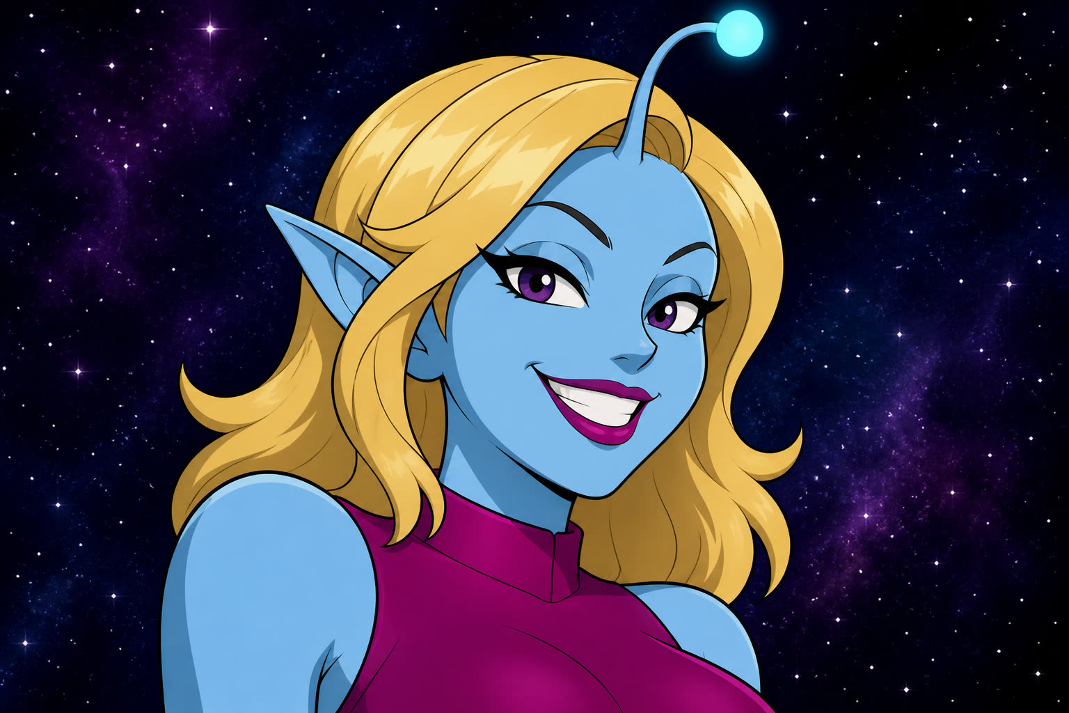 Sol, a blue-skinned alien with blonde hair and a confident grin