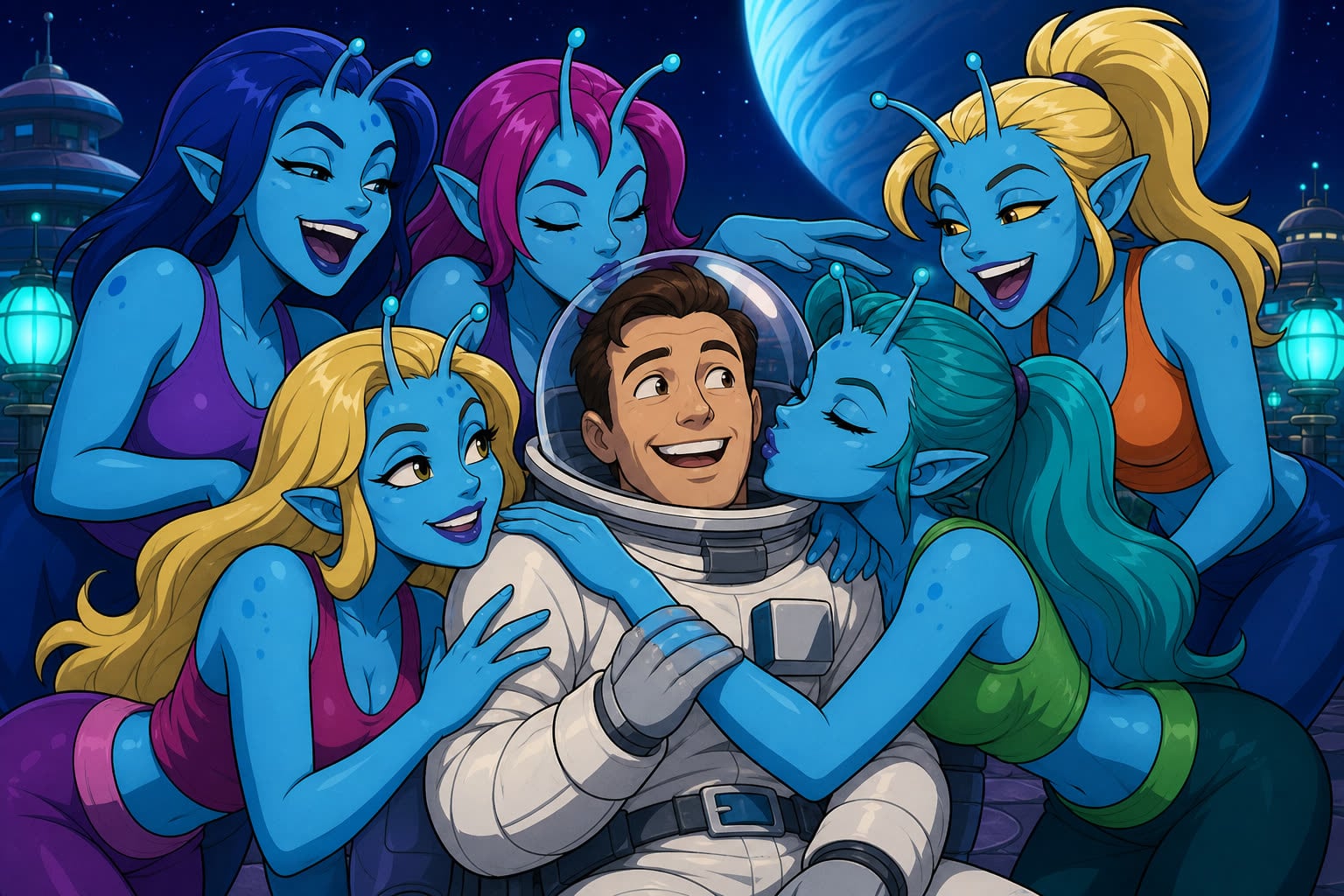 A pack of blue alien baddies crowding a grinning astronaut, hugging the suit and kissing the helmet