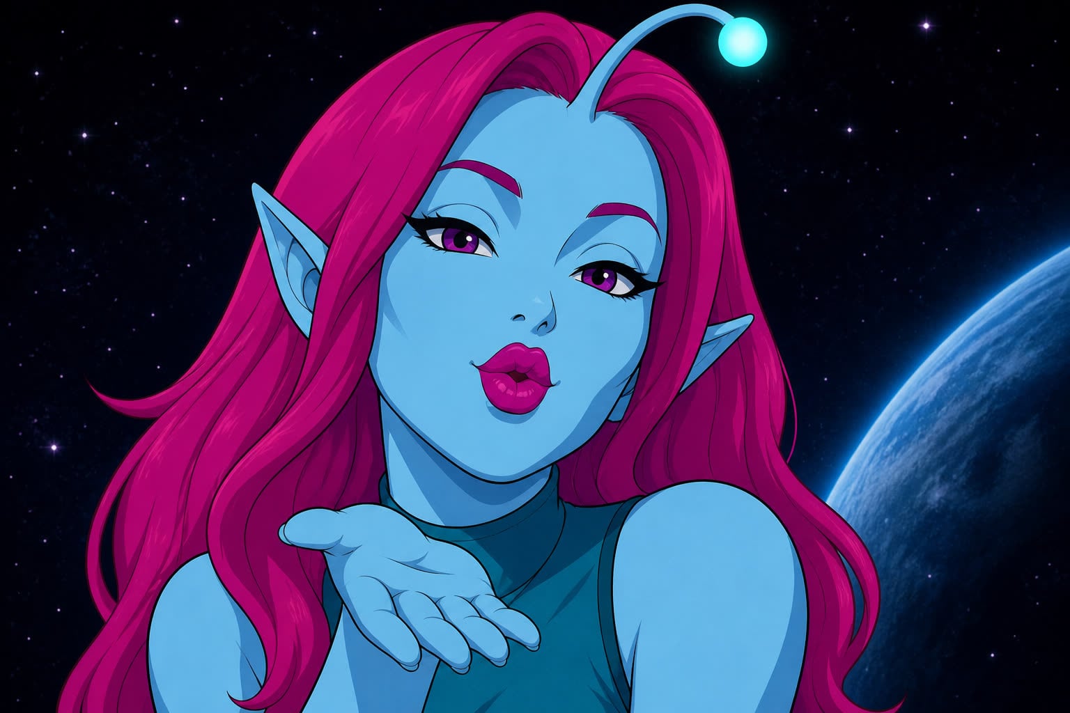 Viva, a blue-skinned alien with magenta hair blowing a kiss