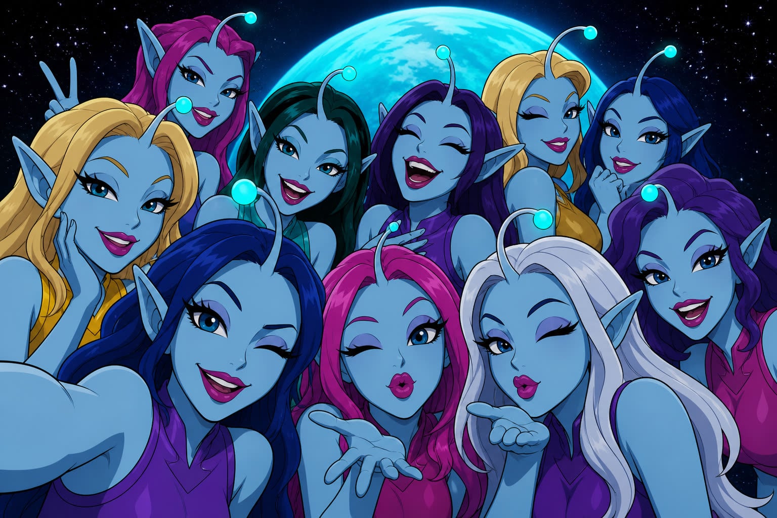 A crowd of blue-skinned alien women with glowing forehead antennae filling the frame against a cyan planet