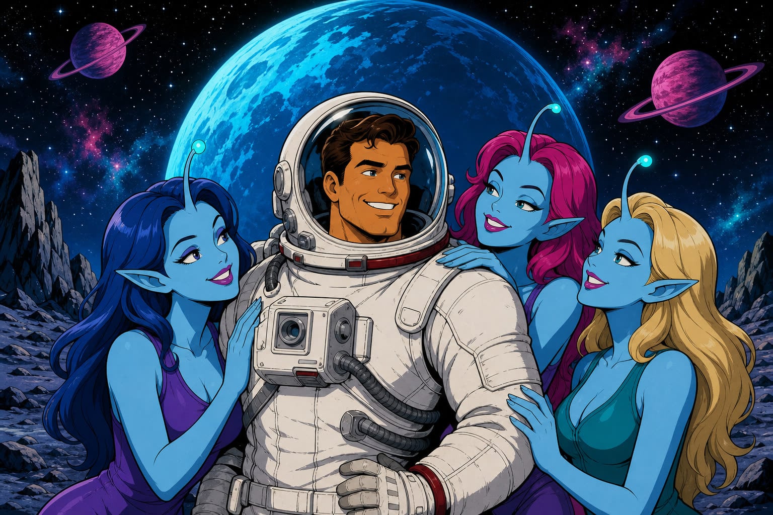 A grinning astronaut surrounded by affectionate blue-skinned alien women on a starlit world