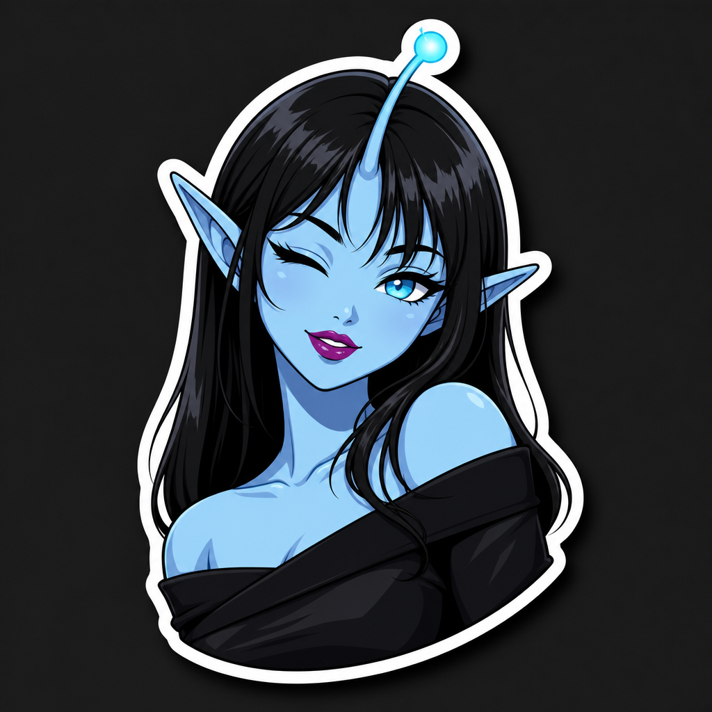 Die-cut sticker of a blue alien with sleek black bangs winking