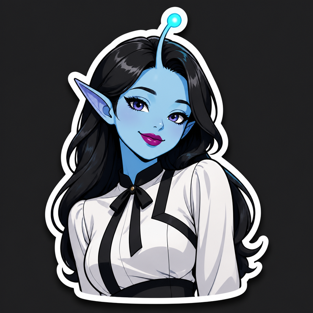 Die-cut sticker of a blue alien with long elegant black hair