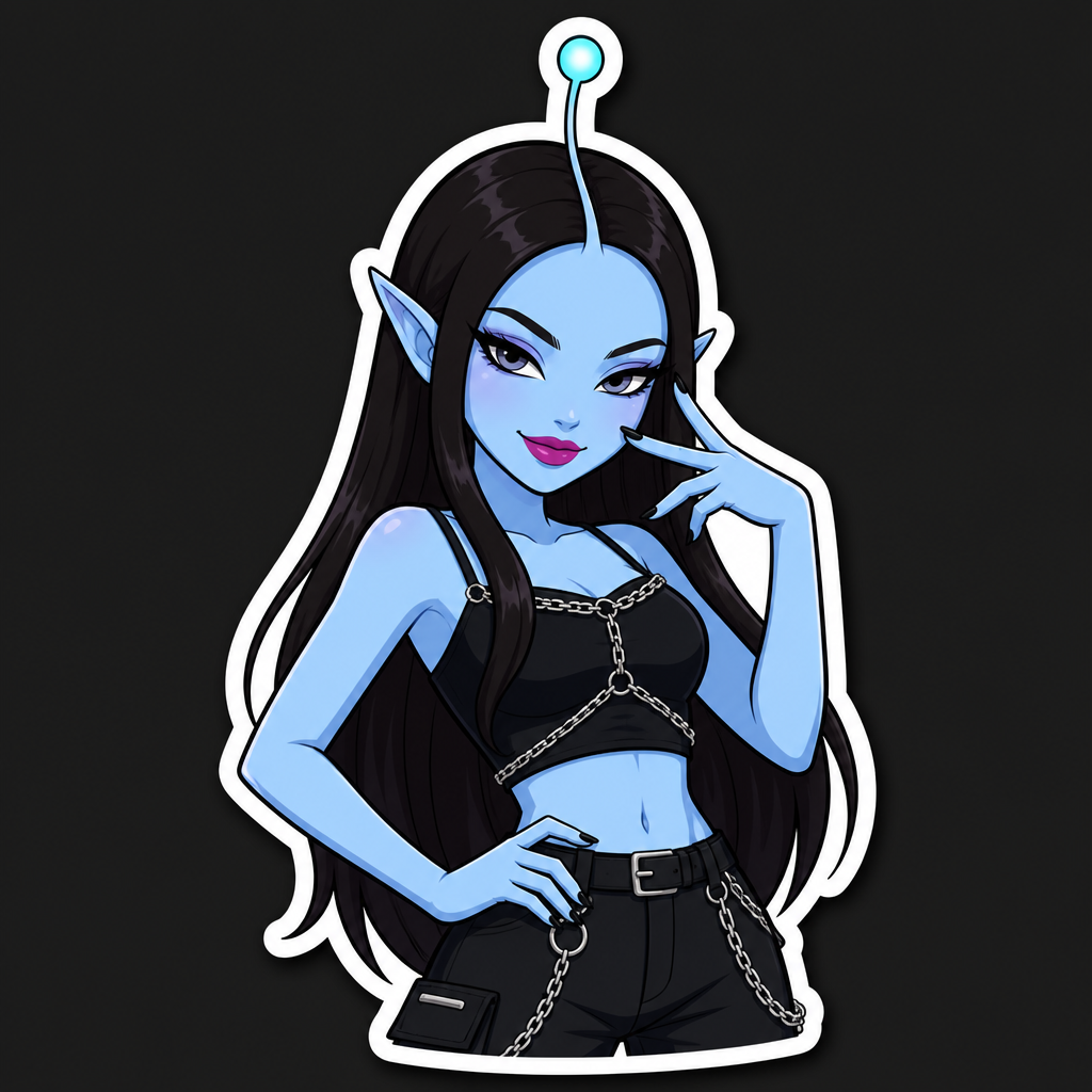 Die-cut sticker of Lisa, a blue-skinned alien with long dark hair, cat-eye makeup, and a glowing forehead antenna