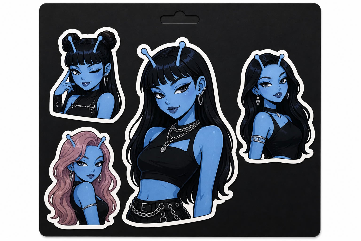 Sticker pack backing card with four blue alien idol stickers, Lisa largest in the center