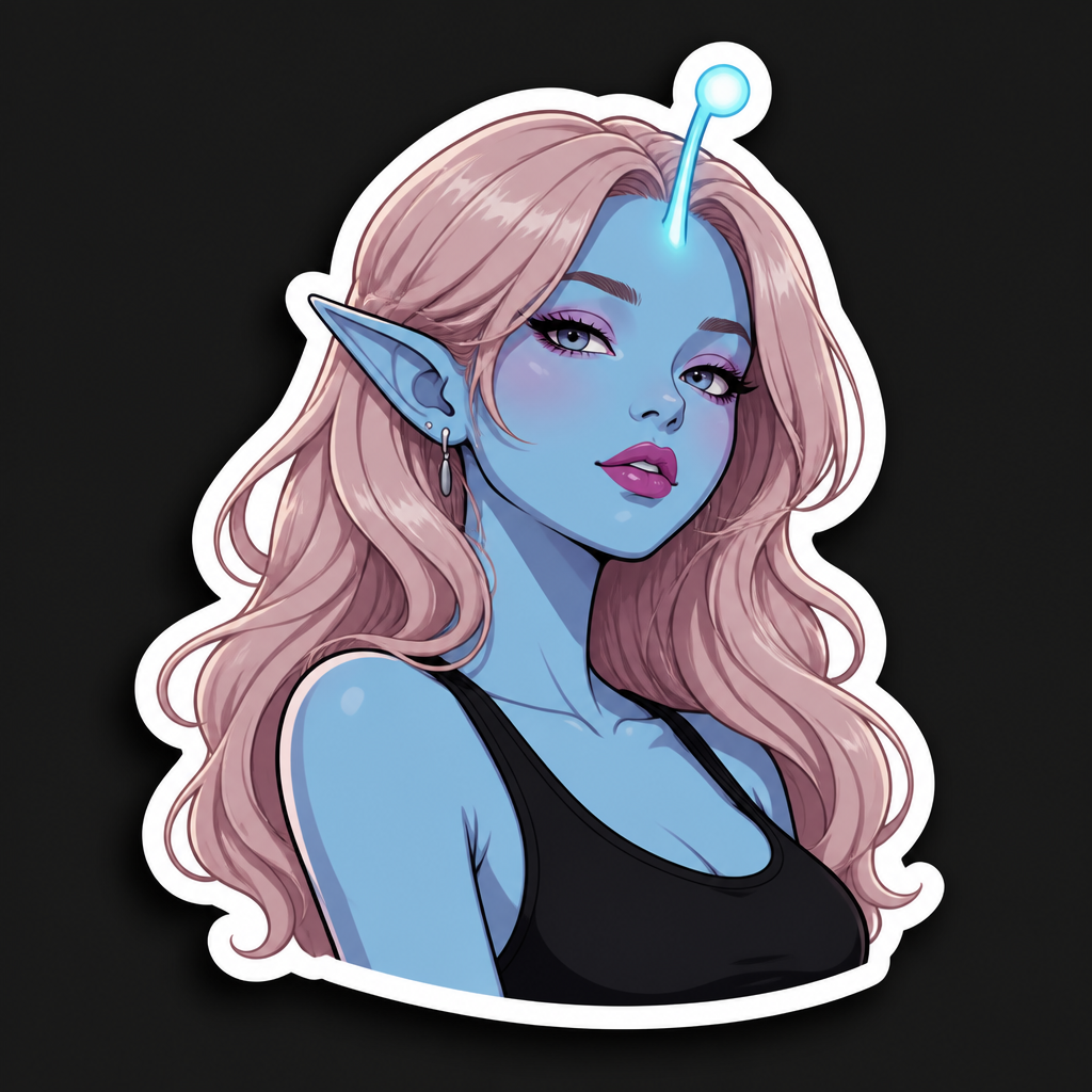 Die-cut sticker of a blue alien with dusty rose-blonde hair